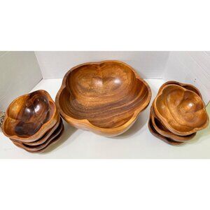 9 Piece Monkey Pod Wood Salad Serving Bowl Set Mid Century Scalloped